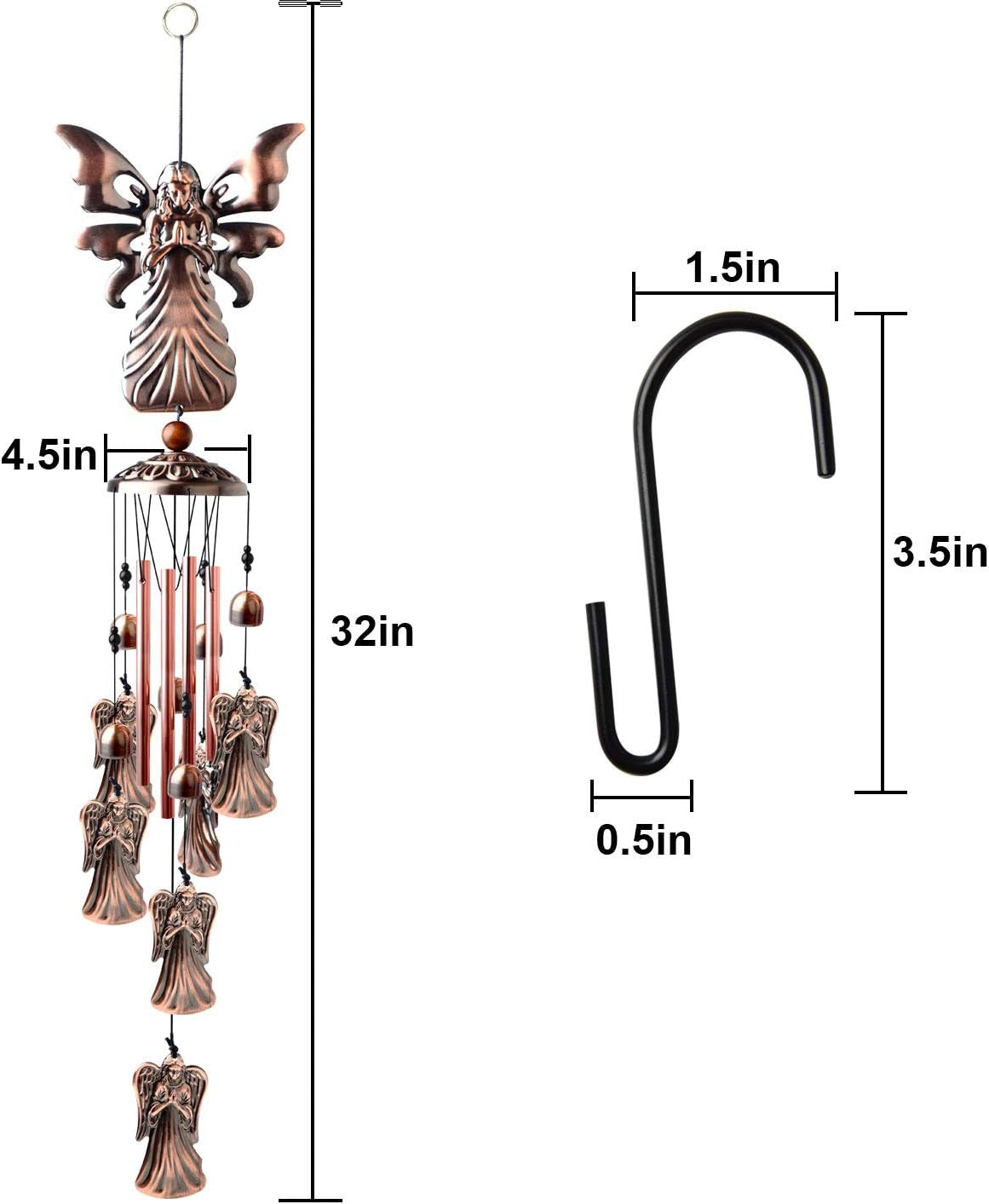 Festive Brass Angel Wind Chimes for outside ， Handcrafted with Deep Melodic Tone, Christmas/Birthday Decor for Garden & Patio Lovers, Unique Housewarming Present for Outdoor Spaces