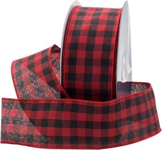 Buffalo Checkered Plaid Christmas Ribbon Wired, Black/Red, 2.5" (#40) Gingham Design for Bow Making, Gift Wrapping, Wreaths, Holiday, 50 Yd Roll (150 FT Spool)