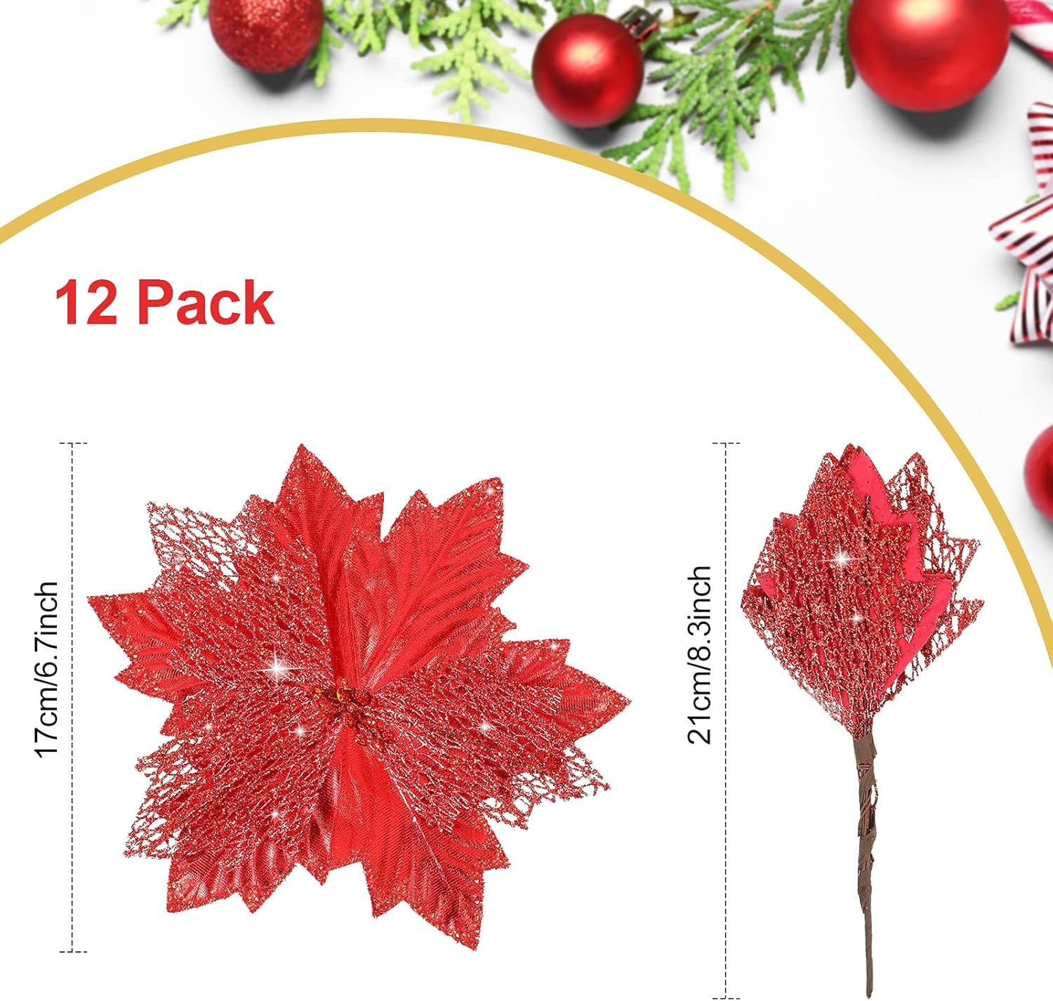 Christmas Tree Topper Decorations 34X12 Inch Large Christmas Bows Tree Ornaments and 24 Pcs Christmas Tree Flowers for Christmas Holiday Party Decorative(Red)