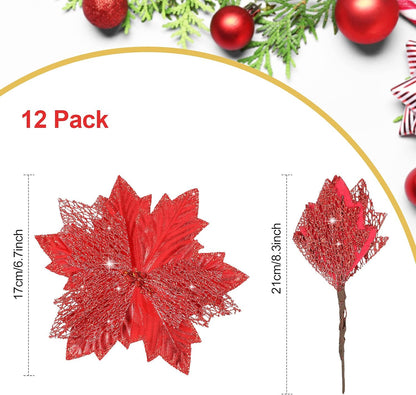 Christmas Tree Topper Decorations 34X12 Inch Large Christmas Bows Tree Ornaments and 24 Pcs Christmas Tree Flowers for Christmas Holiday Party Decorative(Red)