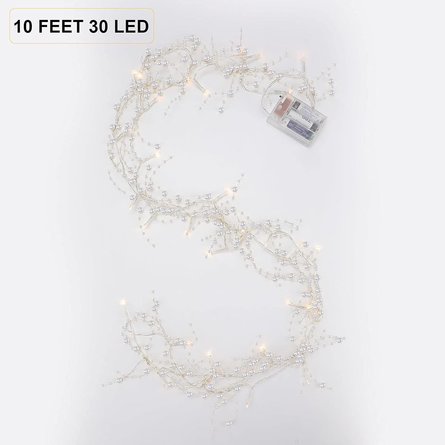 10 Feet 30 LED Christmas Light Metal Berry Beaded Garland Indoor Christmas String Lights for Fireplace Mantel Indoor Xma Light Decorations(White)