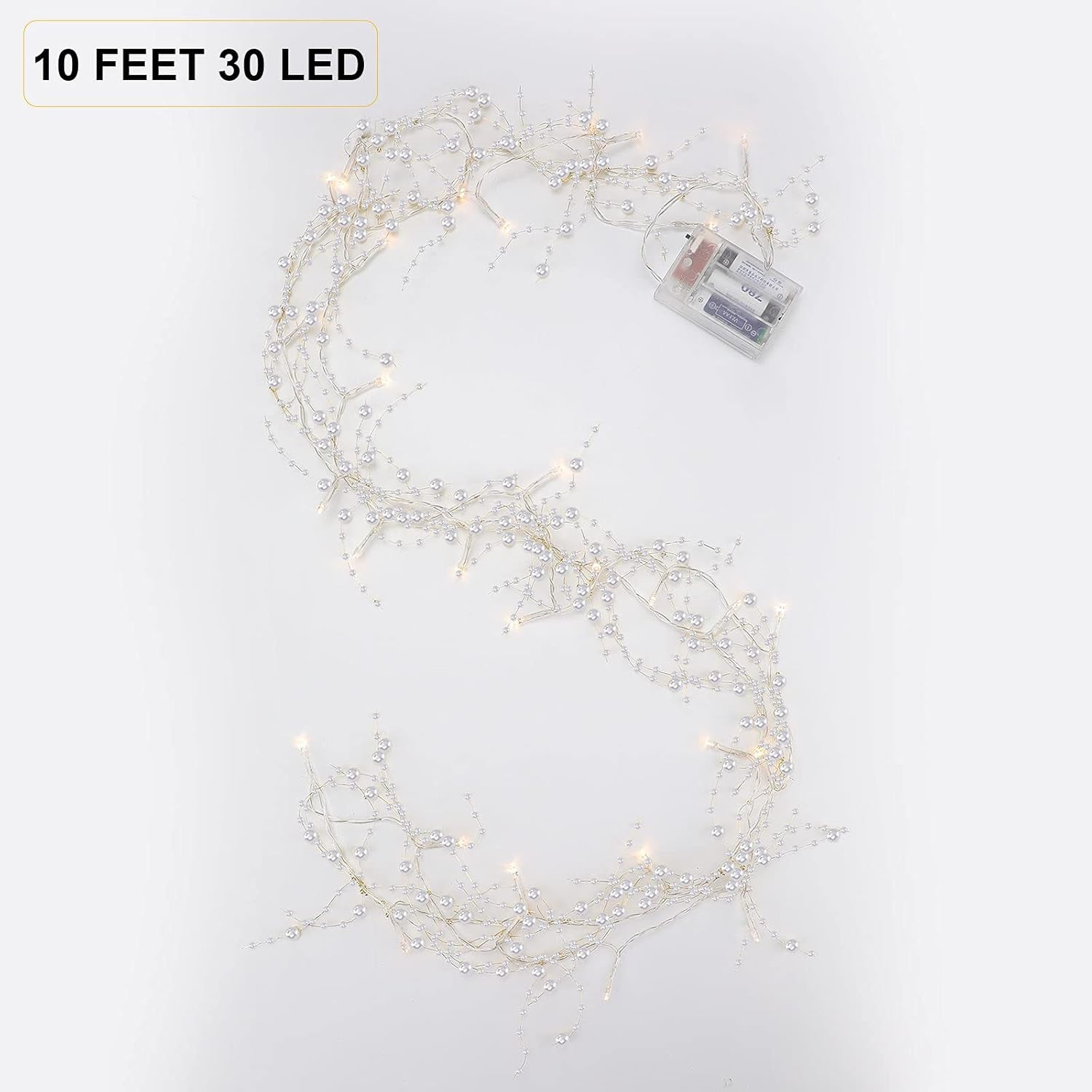 10 Feet 30 LED Christmas Light Metal Berry Beaded Garland Indoor Christmas String Lights for Fireplace Mantel Indoor Xma Light Decorations(White)