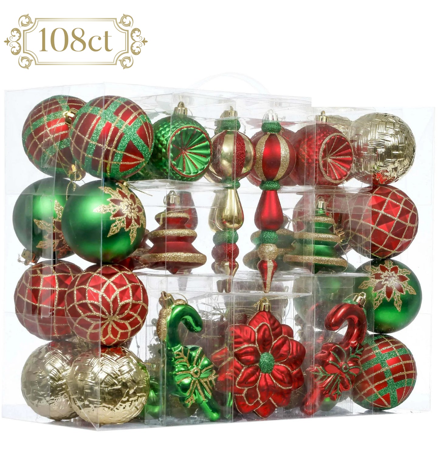 108Ct Christmas Ornaments Set, Red Green Gold Christmas Tree Ornaments for Party Decor
