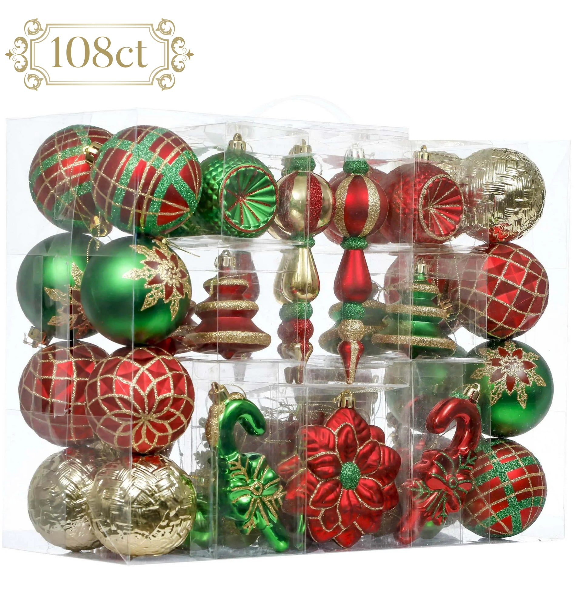 108Ct Christmas Ornaments Set, Red Green Gold Christmas Tree Ornaments for Party Decor