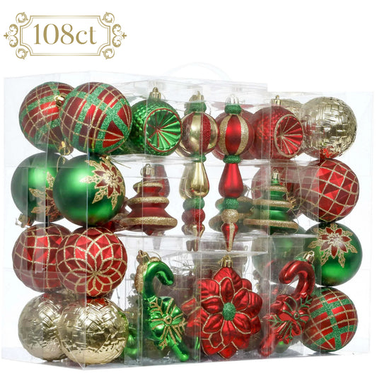 108Ct Christmas Ornaments Set, Red Green Gold Christmas Tree Ornaments for Party Decor