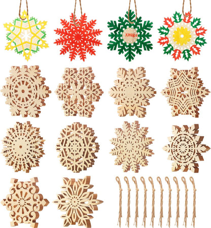 50 Pcs Christmas Unfinished Wooden Snowflake Ornaments 3.94 Inch Snowflake Hanging Cutouts Blank Wood Slices with Cord for Christmas Tree Decor DIY Craft Embellishments