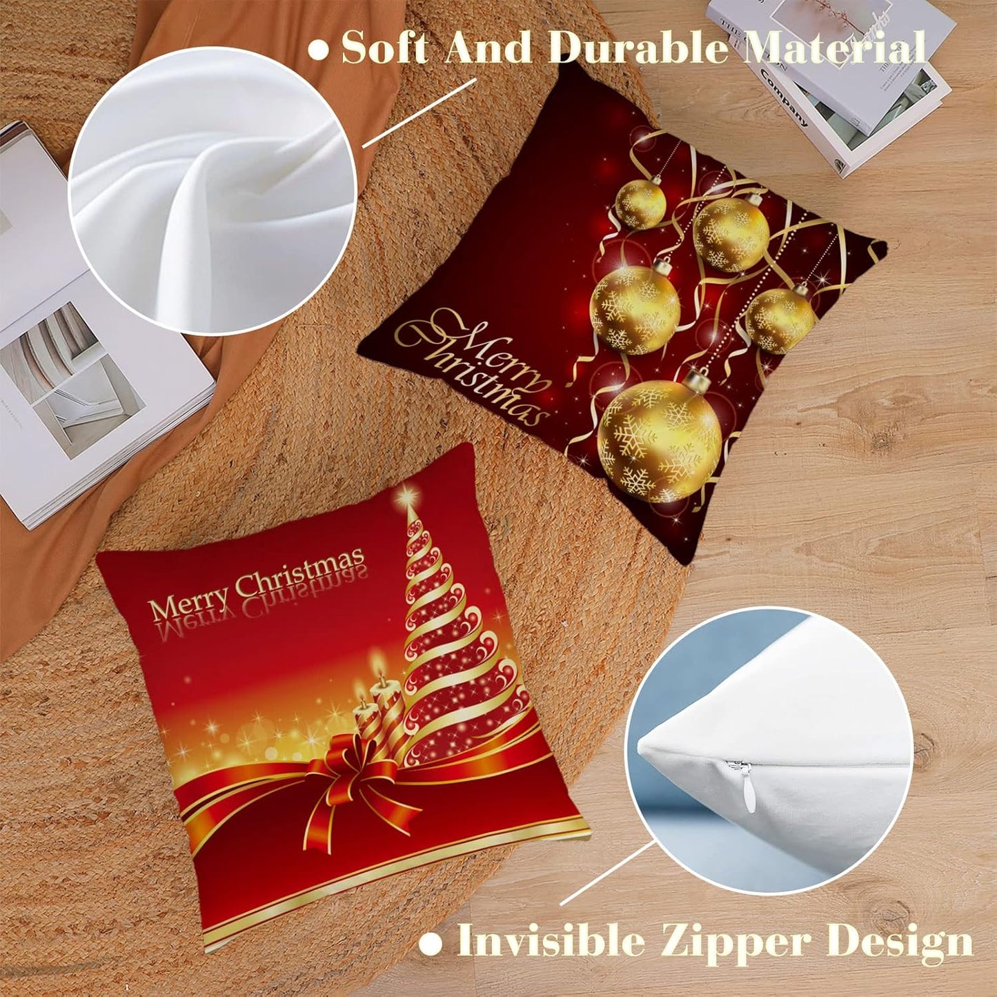 Set of 4 Christmas Pillow Covers 20X20 Inch Xmas Pillow Cases Velvet Throw Pillow Covers Red Gold Winter Holiday Cushion Covers Outdoor Couch Sofa Home Decorations for New Year