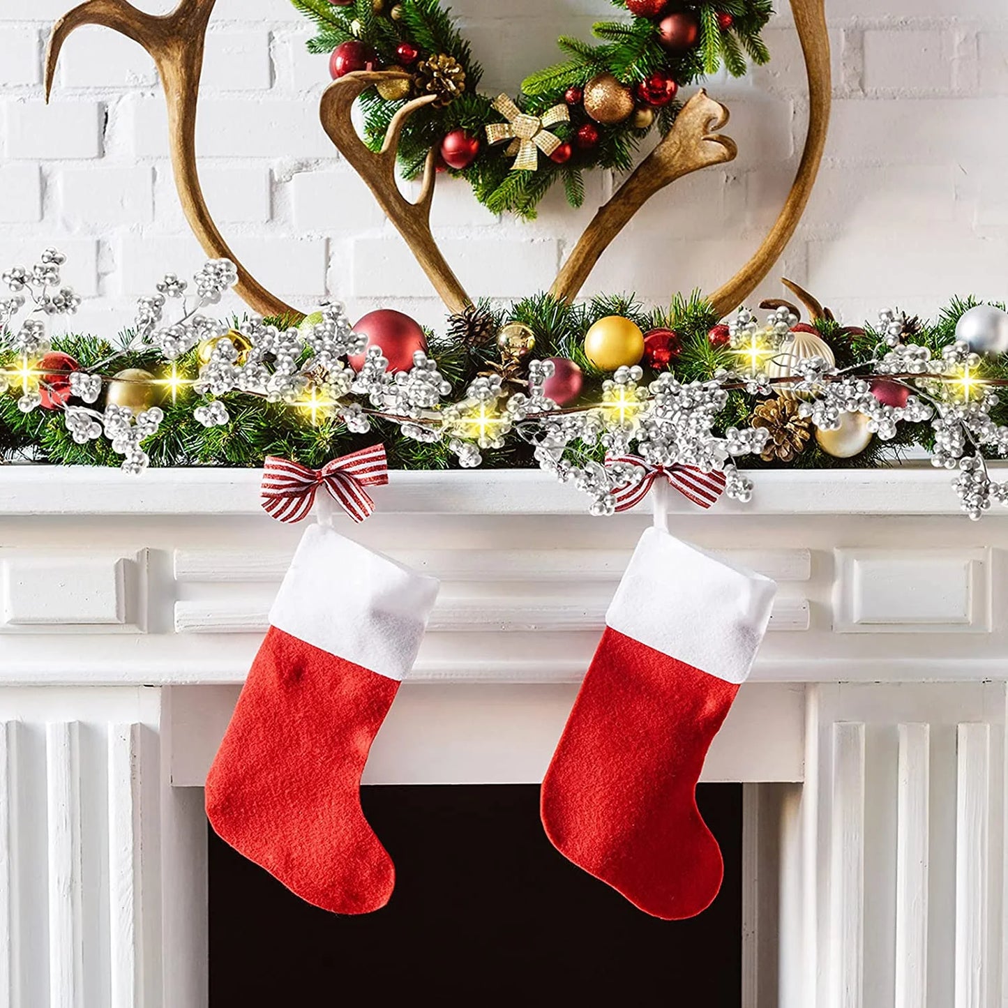 5.9Ft Silver Berry Christmas Garland with Light Artificial Garland for Indoor Mantle Staircase Home Xmas Decoration