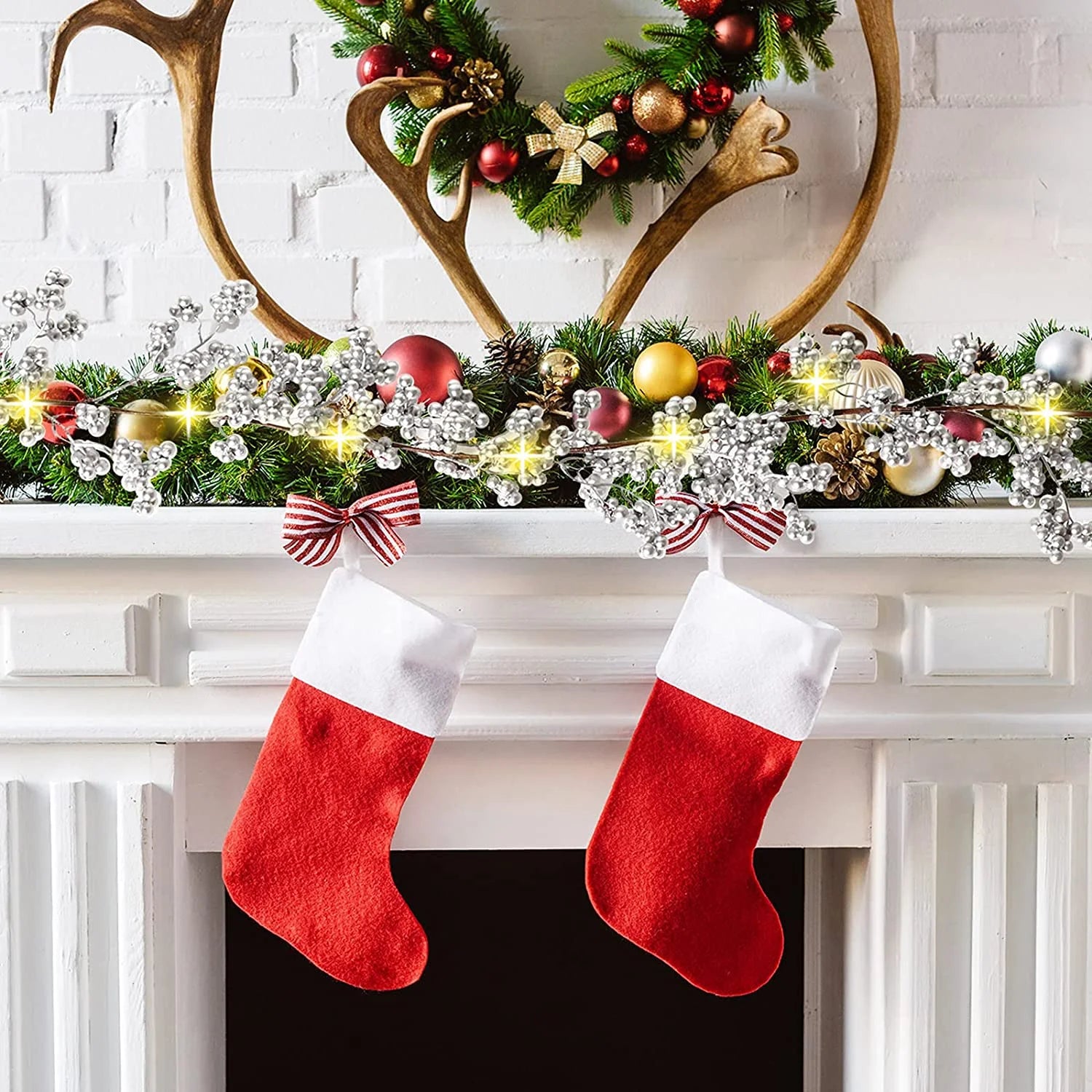 5.9Ft Silver Berry Christmas Garland with Light Artificial Garland for Indoor Mantle Staircase Home Xmas Decoration