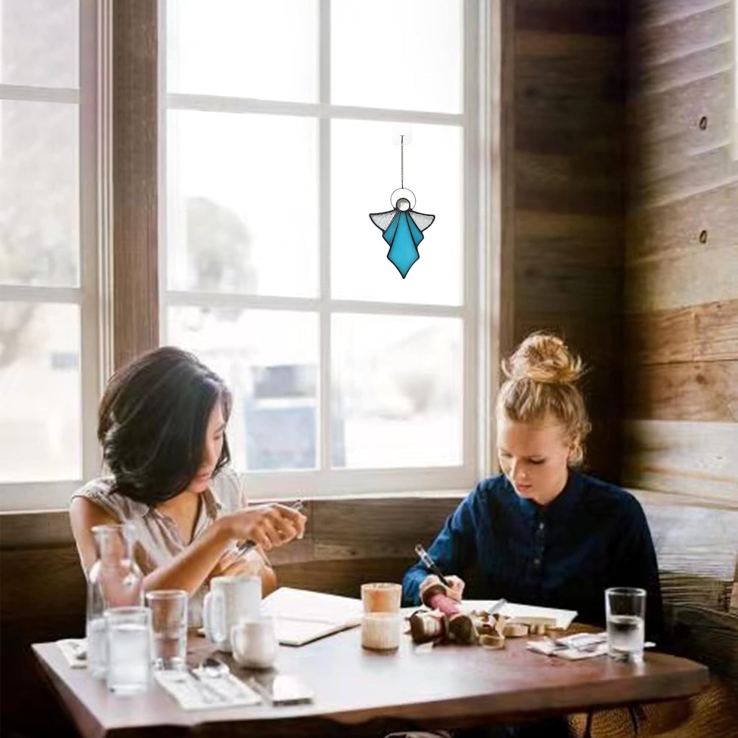 Angel Ornament Stained Glass Window Hangings Ornament Holiday Decor Memorial Remembrance Sympathy Gifts,Angel Gifts for Women(Blue) 5.5"×3.9"