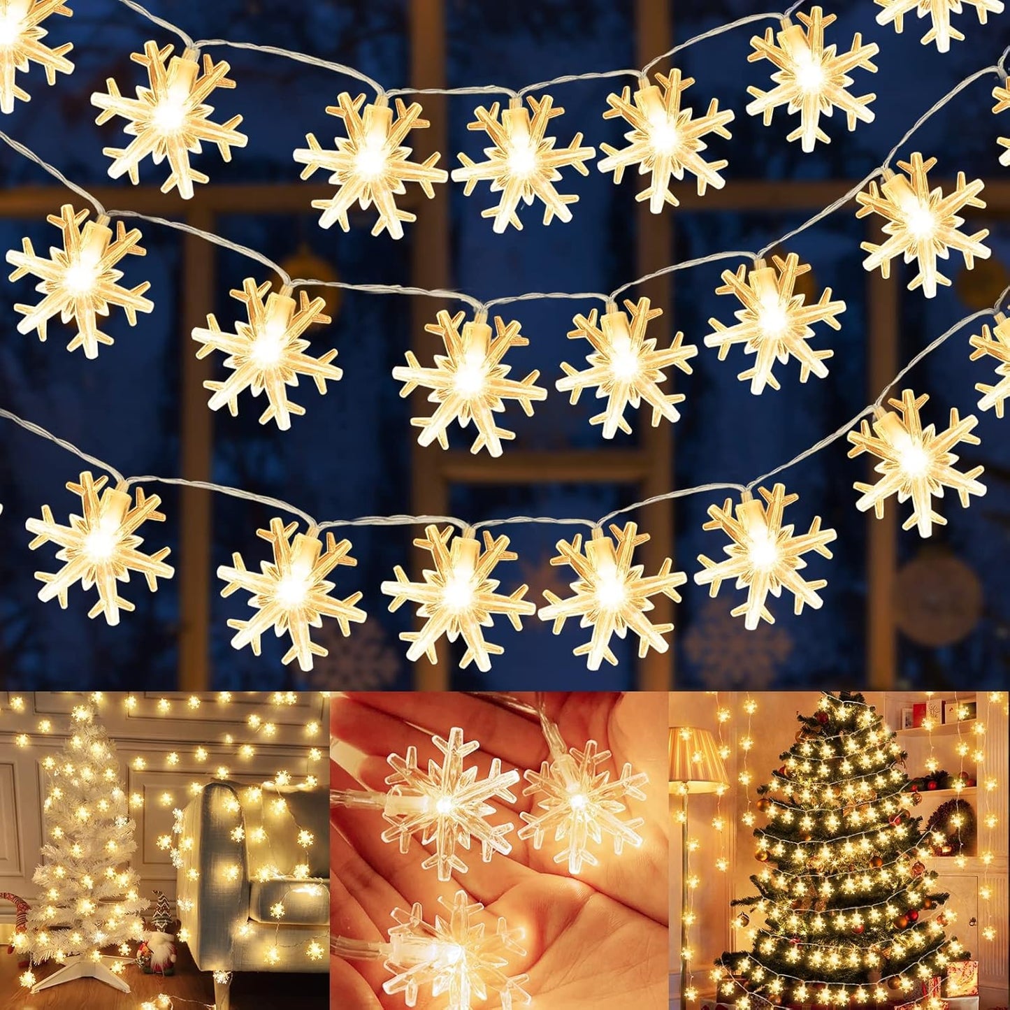 [ Timer 19.7 Ft 50 LED Snowflake Lights Decor, Battery Operated Fairy String Christmas Tree Lights Decorations Outdoor Indoor Xmas Party Home Bedroom Wedding Holiday Garden Decor(Warm White)