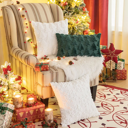 Set of 2 Christmas Tree Throw Pillow Covers, Soft Faux Fur Decorative Xmas Throw Pillows for Couch Sofa Holiday Winter Decor