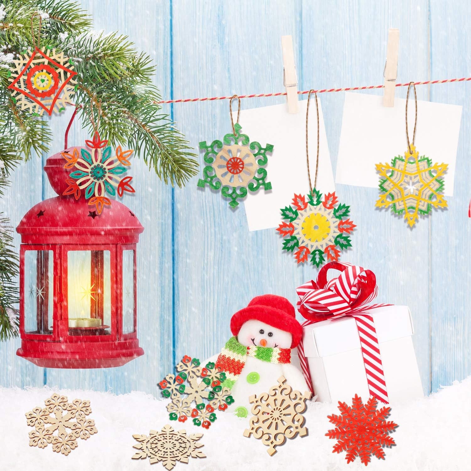 50 Pcs Christmas Unfinished Wooden Snowflake Ornaments 3.94 Inch Snowflake Hanging Cutouts Blank Wood Slices with Cord for Christmas Tree Decor DIY Craft Embellishments