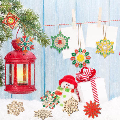 50 Pcs Christmas Unfinished Wooden Snowflake Ornaments 3.94 Inch Snowflake Hanging Cutouts Blank Wood Slices with Cord for Christmas Tree Decor DIY Craft Embellishments