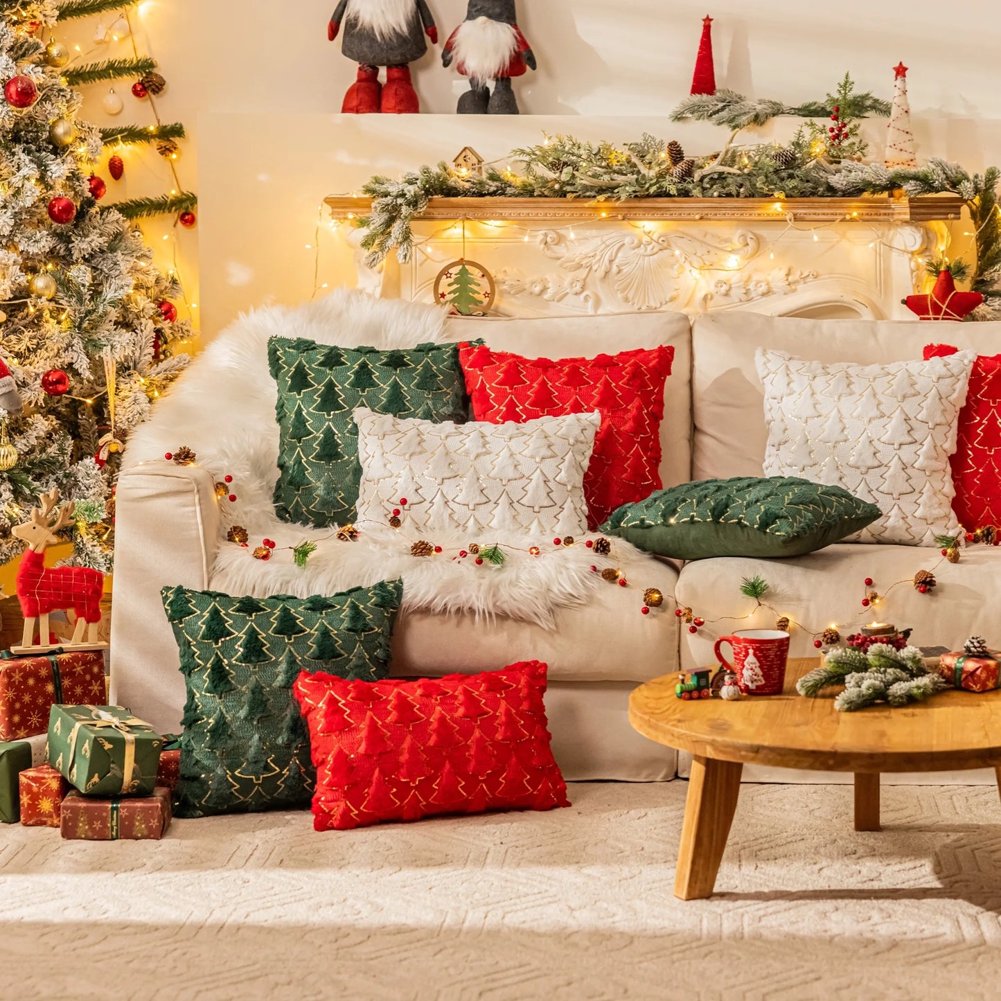 Christmas Tree Throw Pillow Covers, Soft Faux Fur Sequins Throw Pillows for Couch Sofa Bed Room Cushion Covers Holiday Decorations