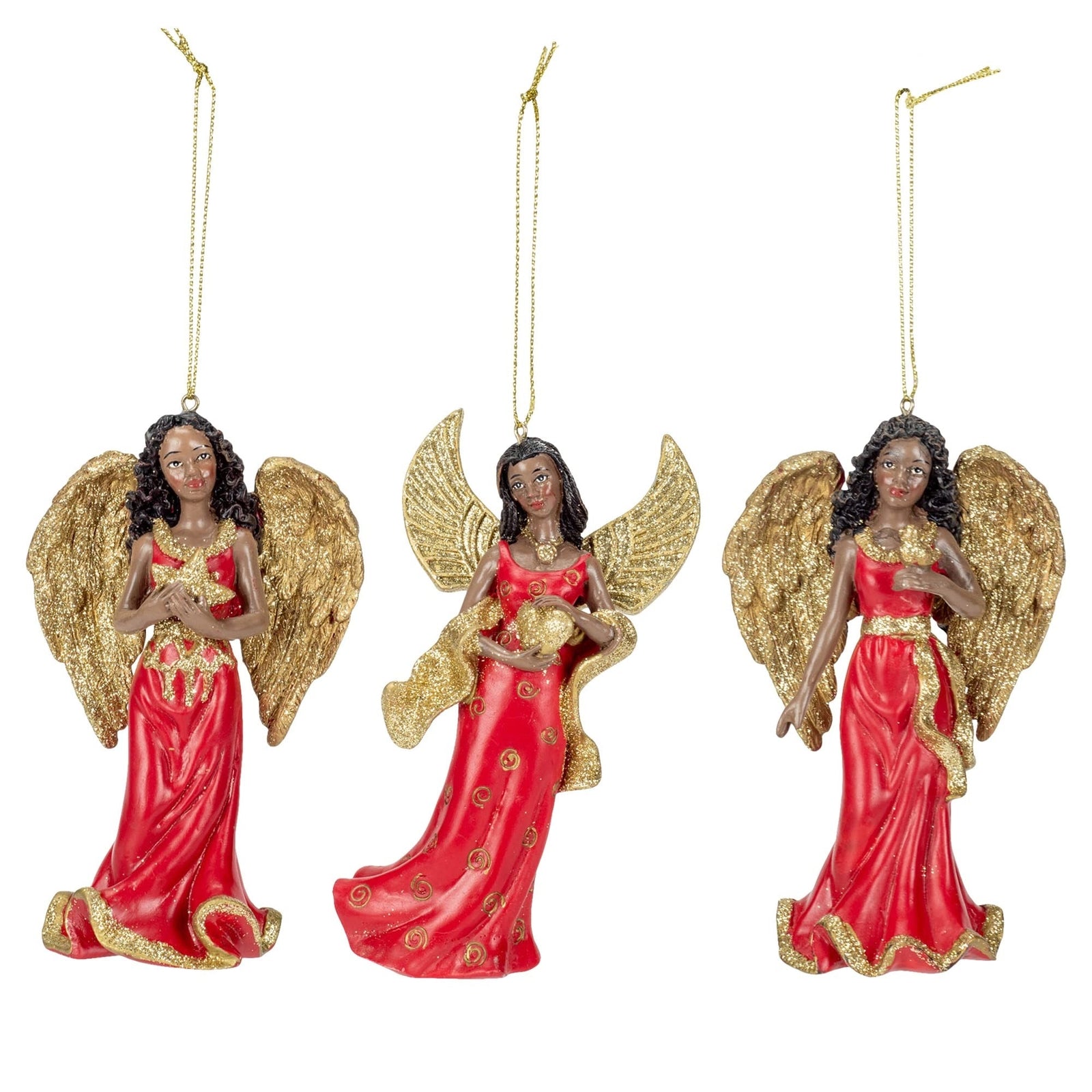 Kurt Adler 4.75" Resin Red & Gold African American Angel Ornament 3/Asstd