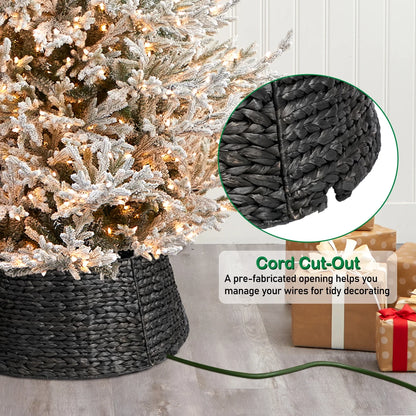 26In Woven Hyacinth Christmas Tree Collar, Christmas Tree Decorations, Tree Skirt Accessory W/ Cord Cut-Out | Black