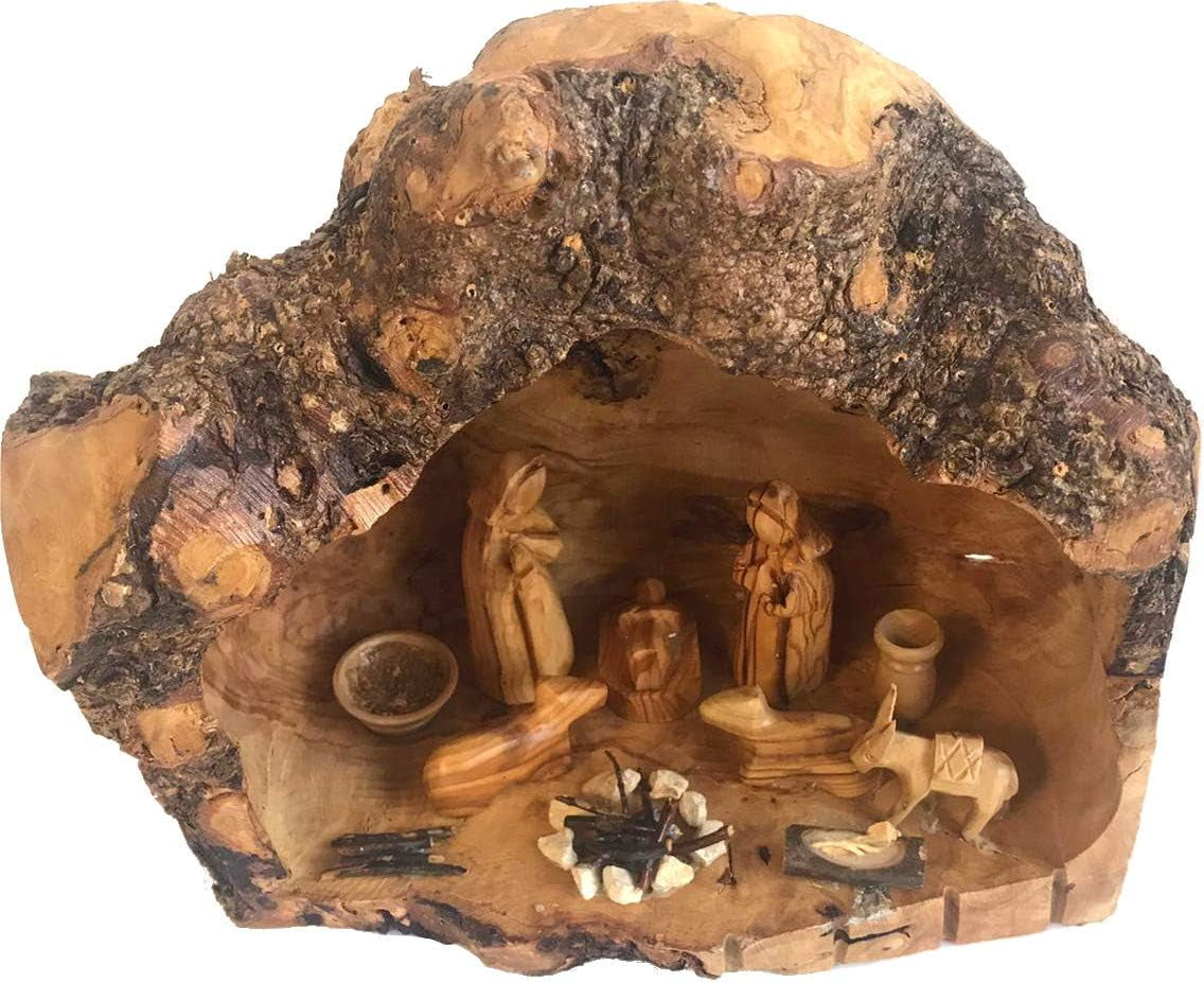 Olive Wood Nativity Set - Hand Carved Rustic Stable, Unique Olive Wood Nativity Scene, Large 8-12 In