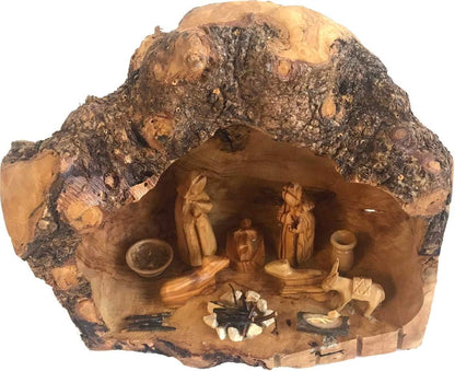Olive Wood Nativity Set - Hand Carved Rustic Stable, Unique Olive Wood Nativity Scene, Large 8-12 In