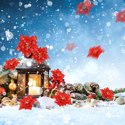 24 Pieces Glitter Poinsettia Artificial Christmas Flowers Poinsettia Decorations Wedding Christmas Tree Ornaments, 3/4/6 Inches (Red)