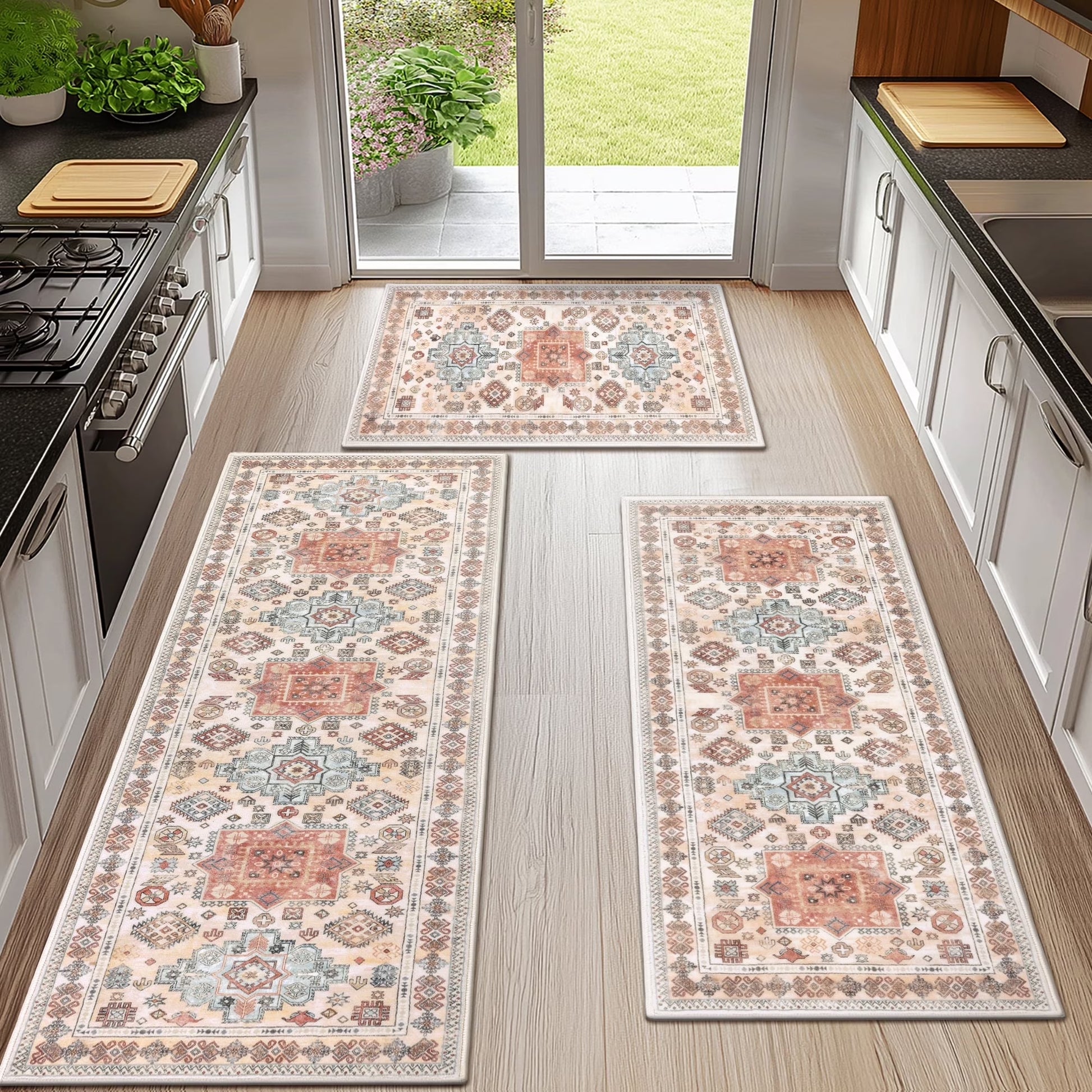 3 Pieces Boho Kitchen Rug Sets Non Slip Soft Kitchen Mat Floor Mat for Kitchen, Laundry Room and Hallway