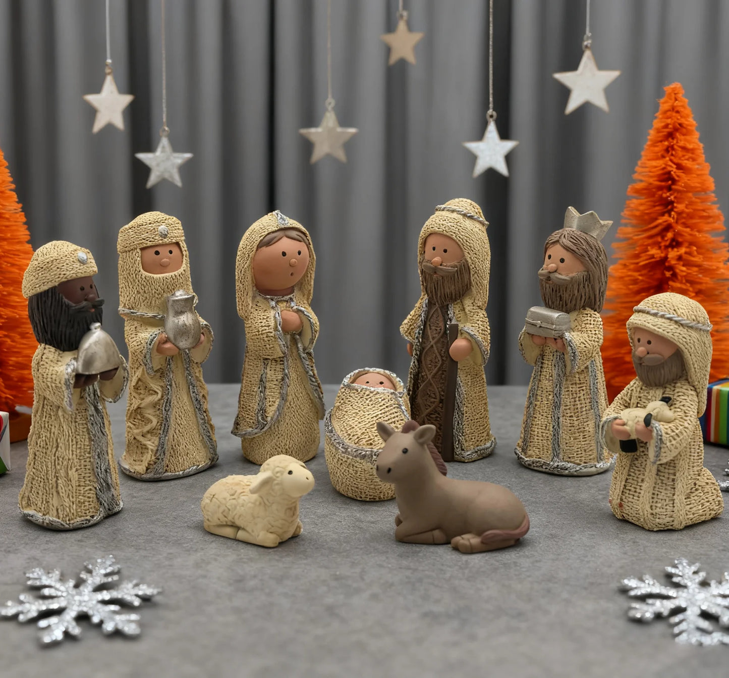 Nativity Knit Set Indoor - 9 Pcs Holy Family Figurines Baby Jesus with Manger, Religious Nativity Figurines Xmas Cable Nativity Scene for Tabletop Props Home Living Room Decor