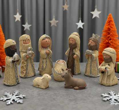 Nativity Knit Set Indoor - 9 Pcs Holy Family Figurines Baby Jesus with Manger, Religious Nativity Figurines Xmas Cable Nativity Scene for Tabletop Props Home Living Room Decor