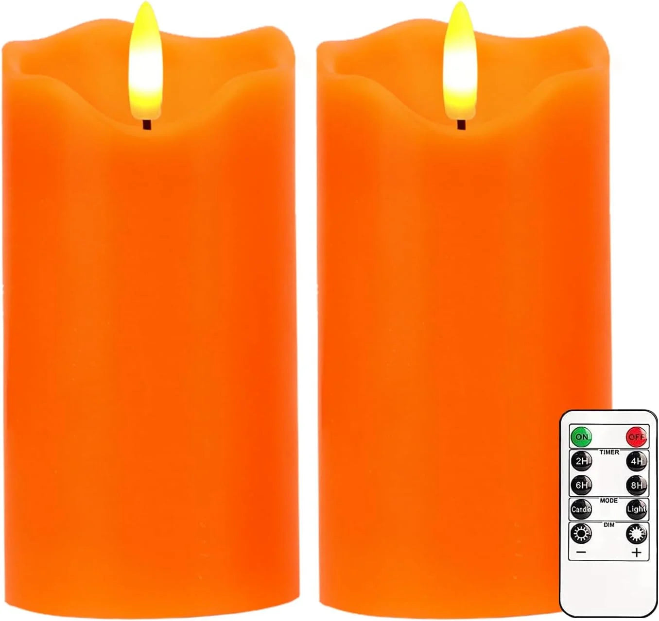 Flameless Candles Lights, Set of 2 Orange Flickering LED Candles with Remote & Timer, Dimmable LED Pillar Candles Battery Operated, Electric Candles for Fall Halloween Thanksgiving Decor