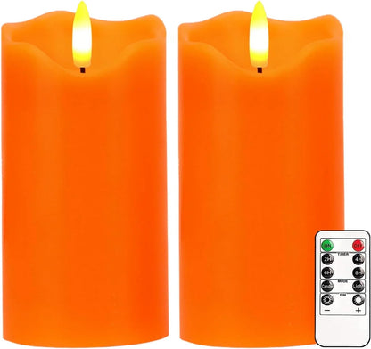 Flameless Candles Lights, Set of 2 Orange Flickering LED Candles with Remote & Timer, Dimmable LED Pillar Candles Battery Operated, Electric Candles for Fall Halloween Thanksgiving Decor
