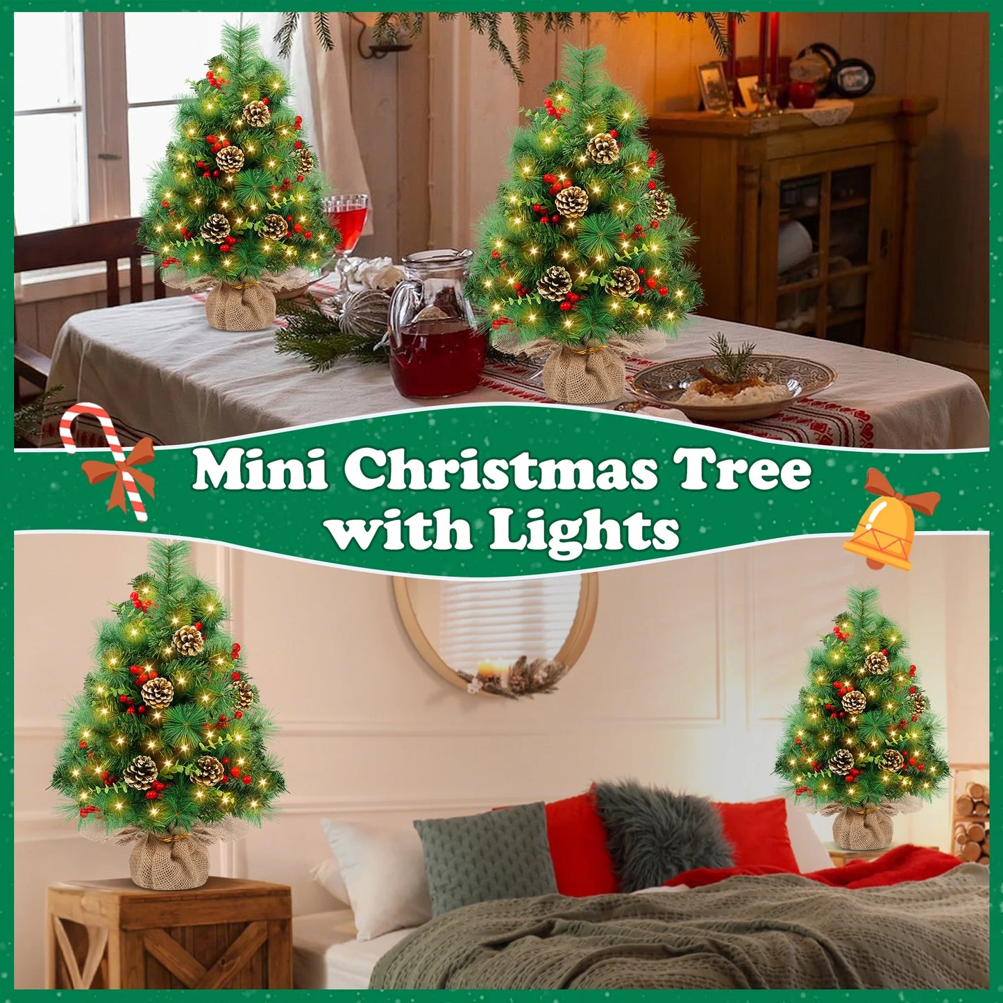 2PCS Pre-Lit Artificial Mini Christmas Tree,30 Inch Small Tabletop Xmas Tree for Indoor Outdoor Christmas Decor