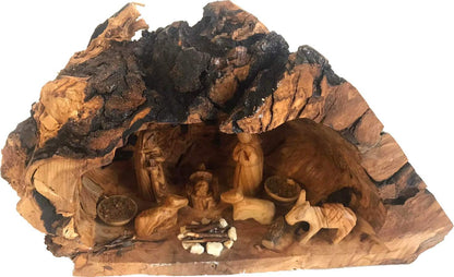 Olive Wood Nativity Set - Hand Carved Rustic Stable, Unique Olive Wood Nativity Scene, Large 8-12 In