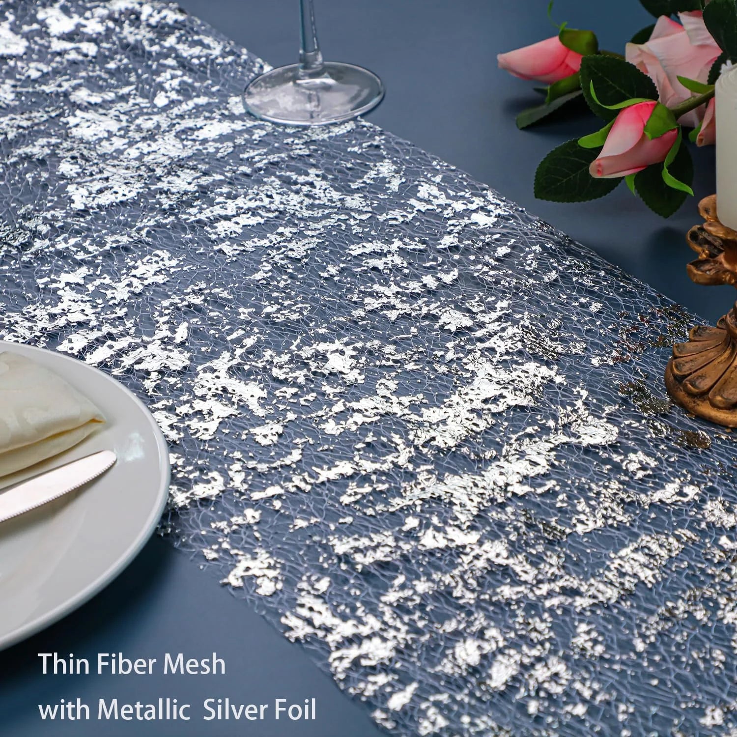 2Pcs 11*108" Gold Table Runner Sequin Glitter Foil Metallic Thin Mesh Tablecloth for Banquet Christmas Table Decor(Silver)