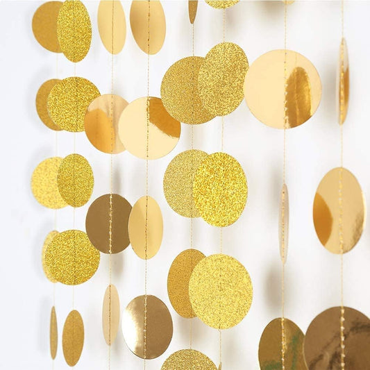 Gold Circle Garland Gold Party Decorations Hanging Dot Banner Streamer Backdrop Decor Wedding Birthday Bday Bridal Baby Shower Bachelorette Ramadan EID Graduation New Year NY Party Supplies