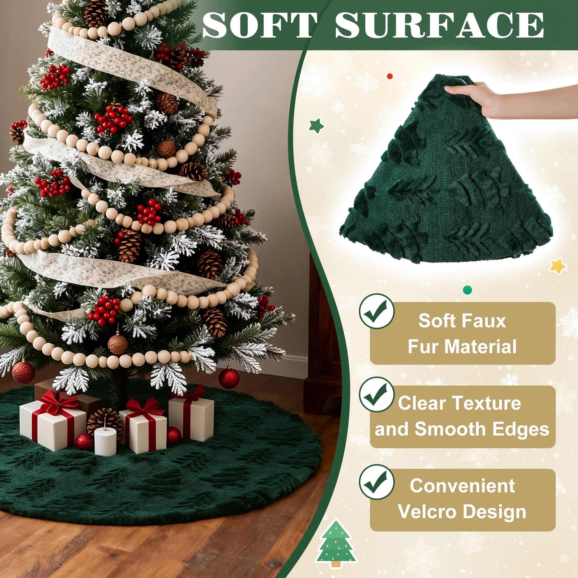 Christmas Tree Skirt Green Plush Skirts Christmas Decorations Indoor Xmas Ornaments Holiday Decor for Party, 48In