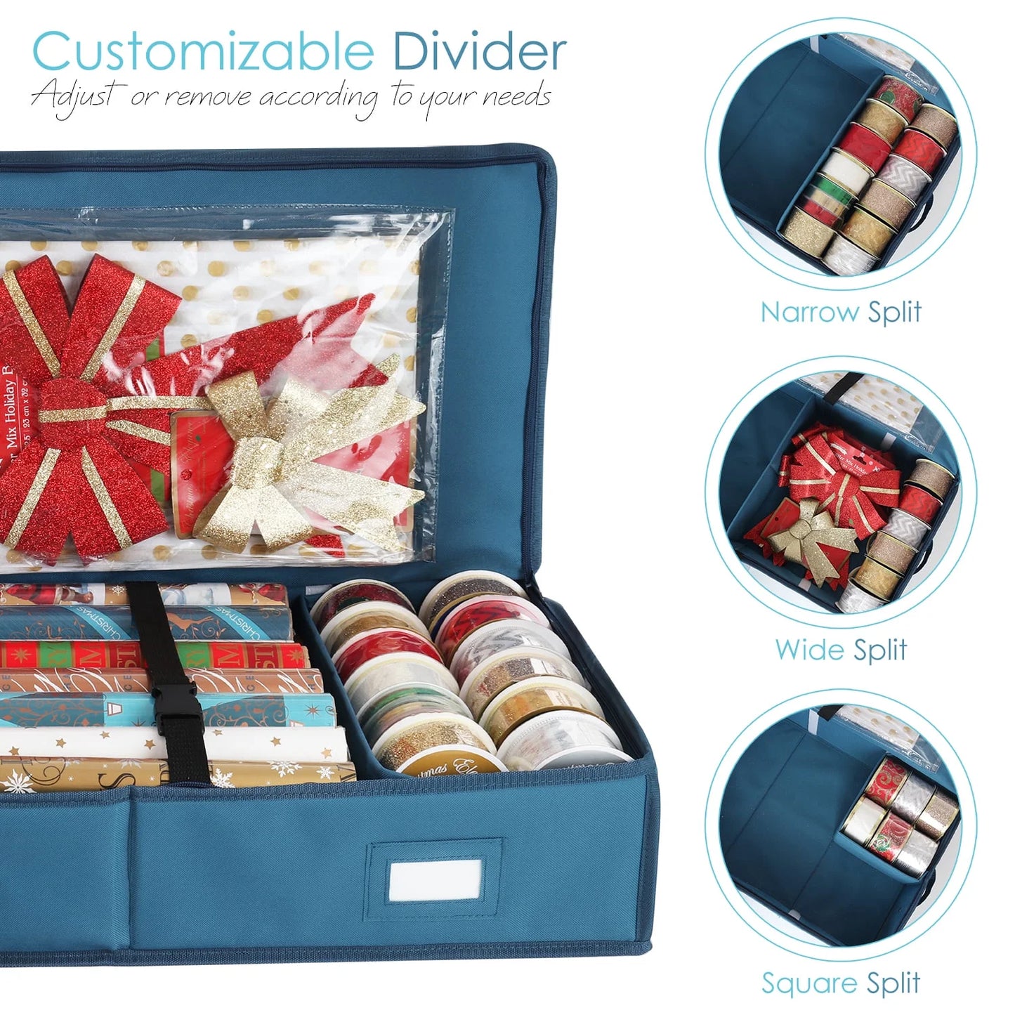 Set of Holiday Christmas Wrapping Paper Storage Box and Wrapping Paper Storage Roll, Gift Wrap Organizer, Blue