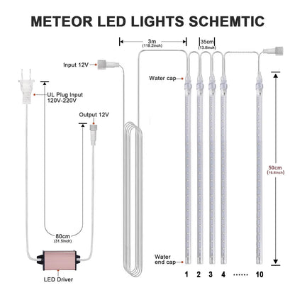 Christmas String Lights, 20 Inch 10 Tubes 540 LED Icicle Twinkle Meteor Shower Lights Outdoor for Christmas Halloween Holiday Party Home Decor, White
