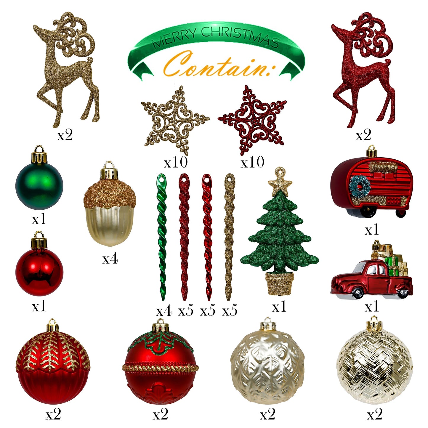 60Ct Christmas Ornaments, Red Green Gold Shatterproof Ornaments for Xmas Party Decor