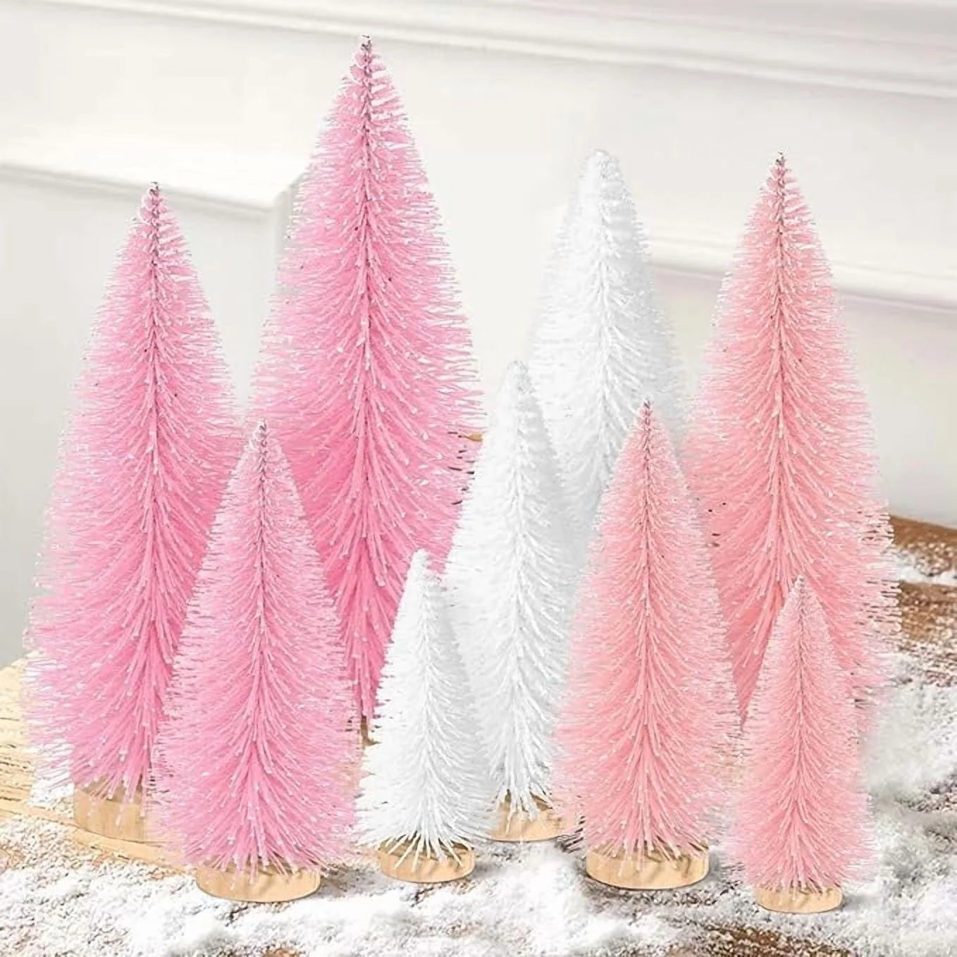 9Pcs Mini Christmas Trees Christmas Decor Artificial Christmas Decorations with 4 Sizes, Christmas Tree Bottle Brush Trees Christmas Table Decorations (Pink+White)