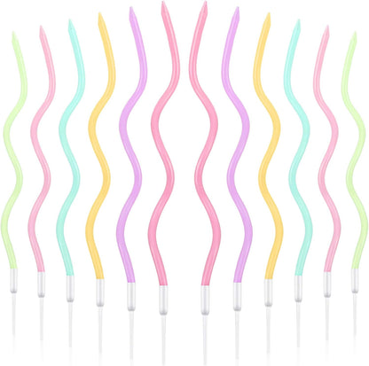 12 Pcs Twisted Birthday Candles Spiral Metallic Cupcake Thin Long Cake Candles with Holders for Birthday Wedding Party(Colorful)