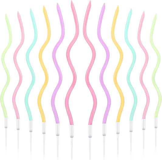 12 Pcs Twisted Birthday Candles Spiral Metallic Cupcake Thin Long Cake Candles with Holders for Birthday Wedding Party(Colorful)