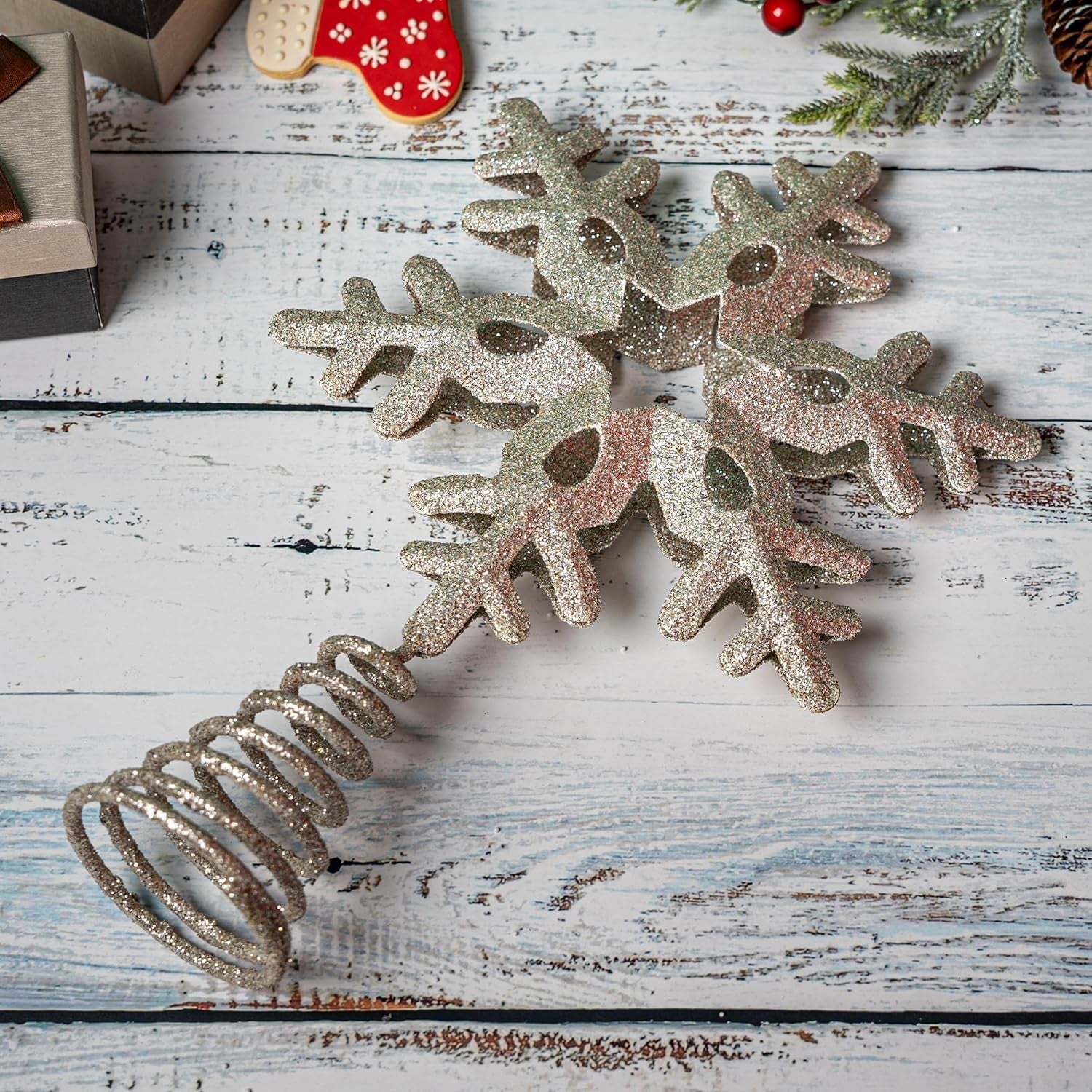Tree Topper Snowflake, 13.25" Silver Glittered Christmas Tree Topper Decor, Christmas Tree Top Ornament Perfect for Any Size Xmas Tree