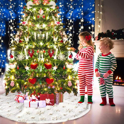 White Plush Christmas Tree Skirt - 90Cm Snow Fur Mat with Gold Sequin Snowflake Xmas Tree Skirt Base Cover for Christmas New Year Decorations (White, 35Inches)