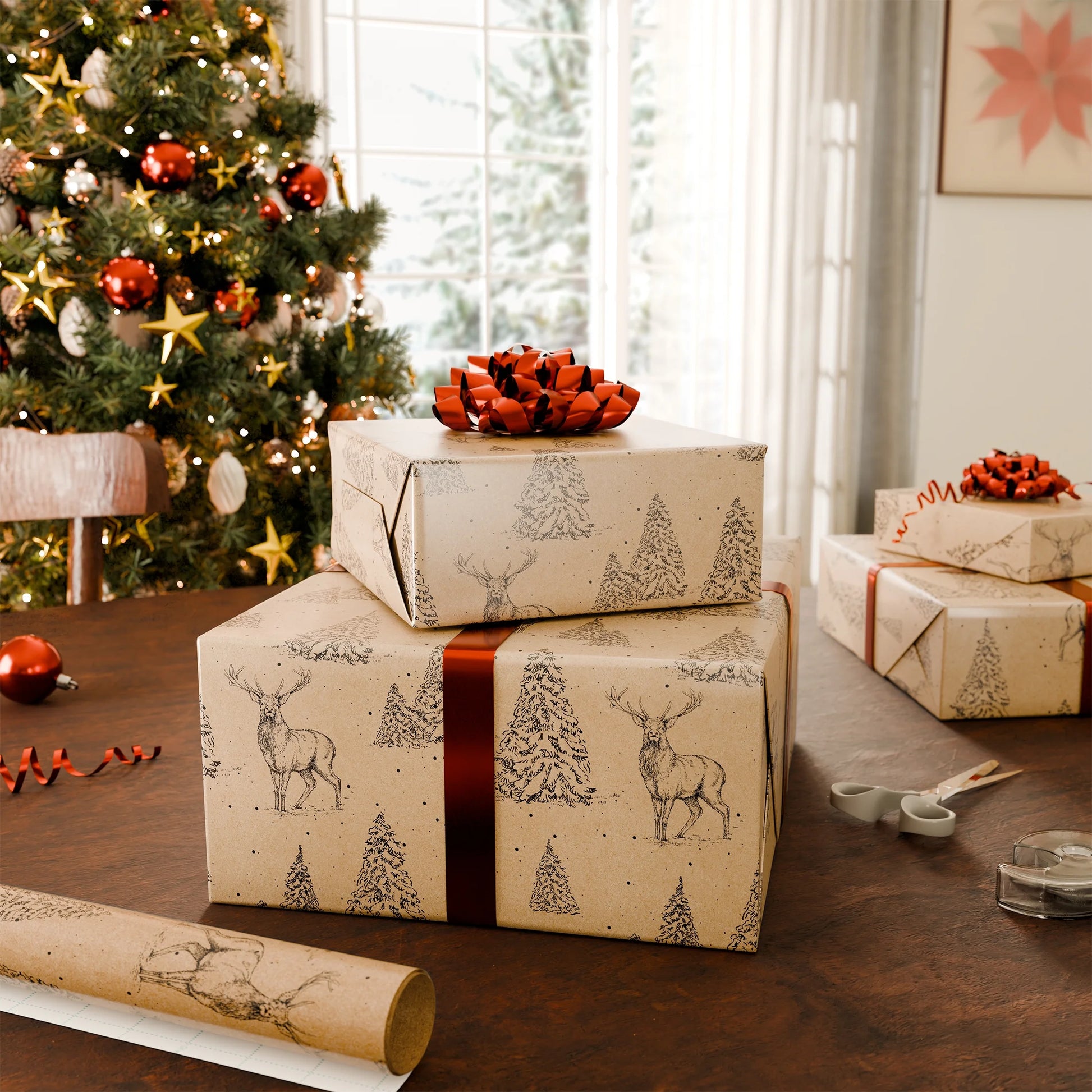Brown and Black Stag Reindeer Kraft Christmas Wrapping Paper, 160 Sq Ft, by