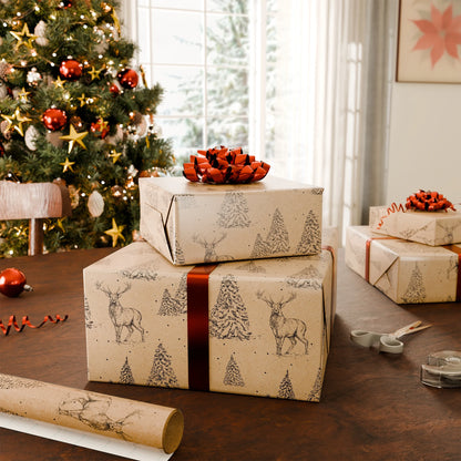 Brown and Black Stag Reindeer Kraft Christmas Wrapping Paper, 160 Sq Ft, by