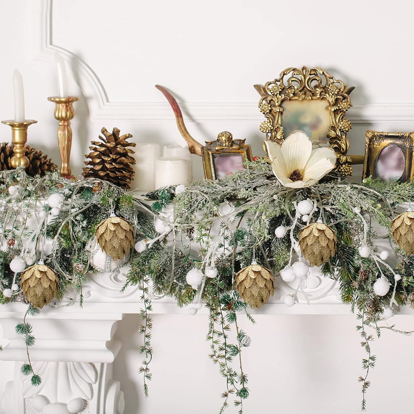 8 Pieces Christmas Ornaments Glitter Christmas Tree Hanging Decoration Decorative Artificial Pine Cones Flowers Hanging Ornaments for Winter Wreath Holiday Decor(Gold)