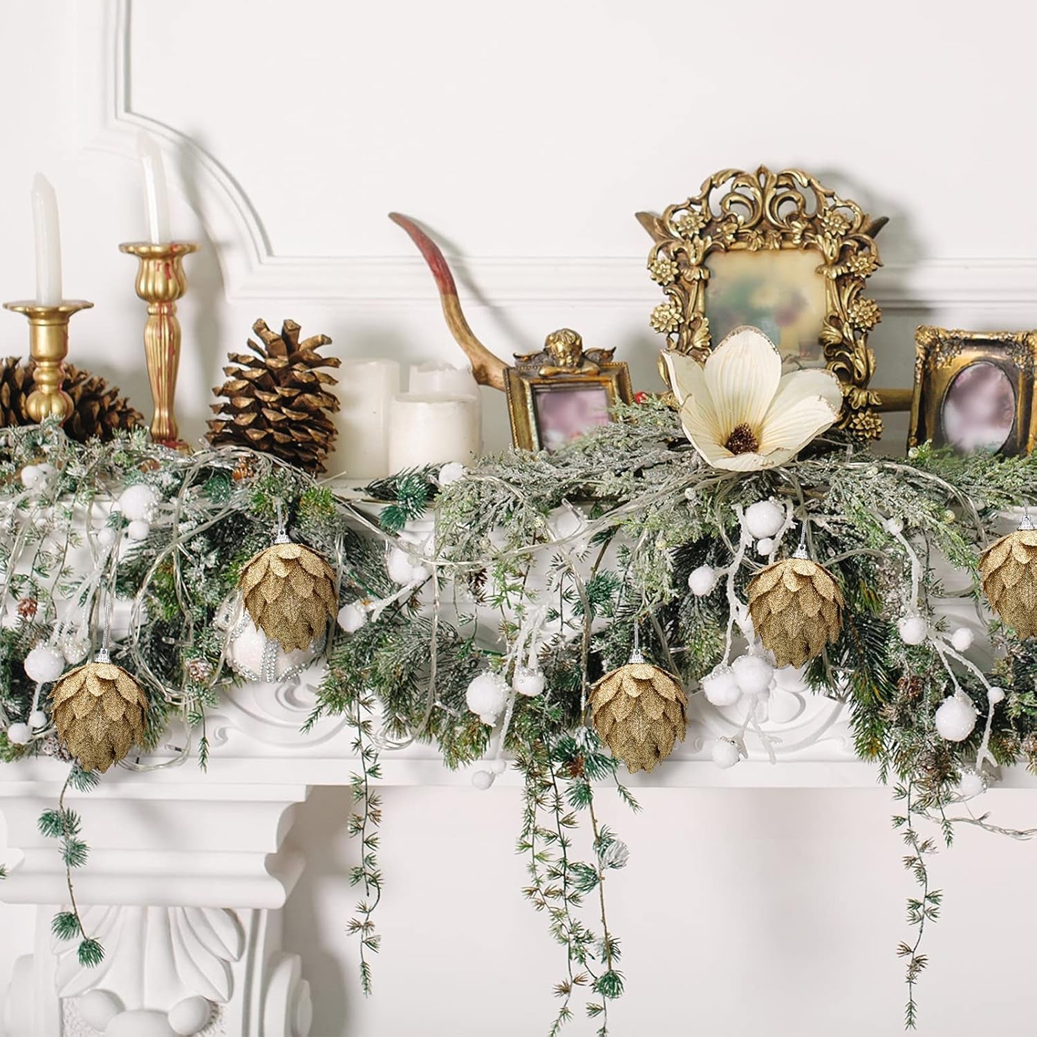 8 Pieces Christmas Ornaments Glitter Christmas Tree Hanging Decoration Decorative Artificial Pine Cones Flowers Hanging Ornaments for Winter Wreath Holiday Decor(Gold)