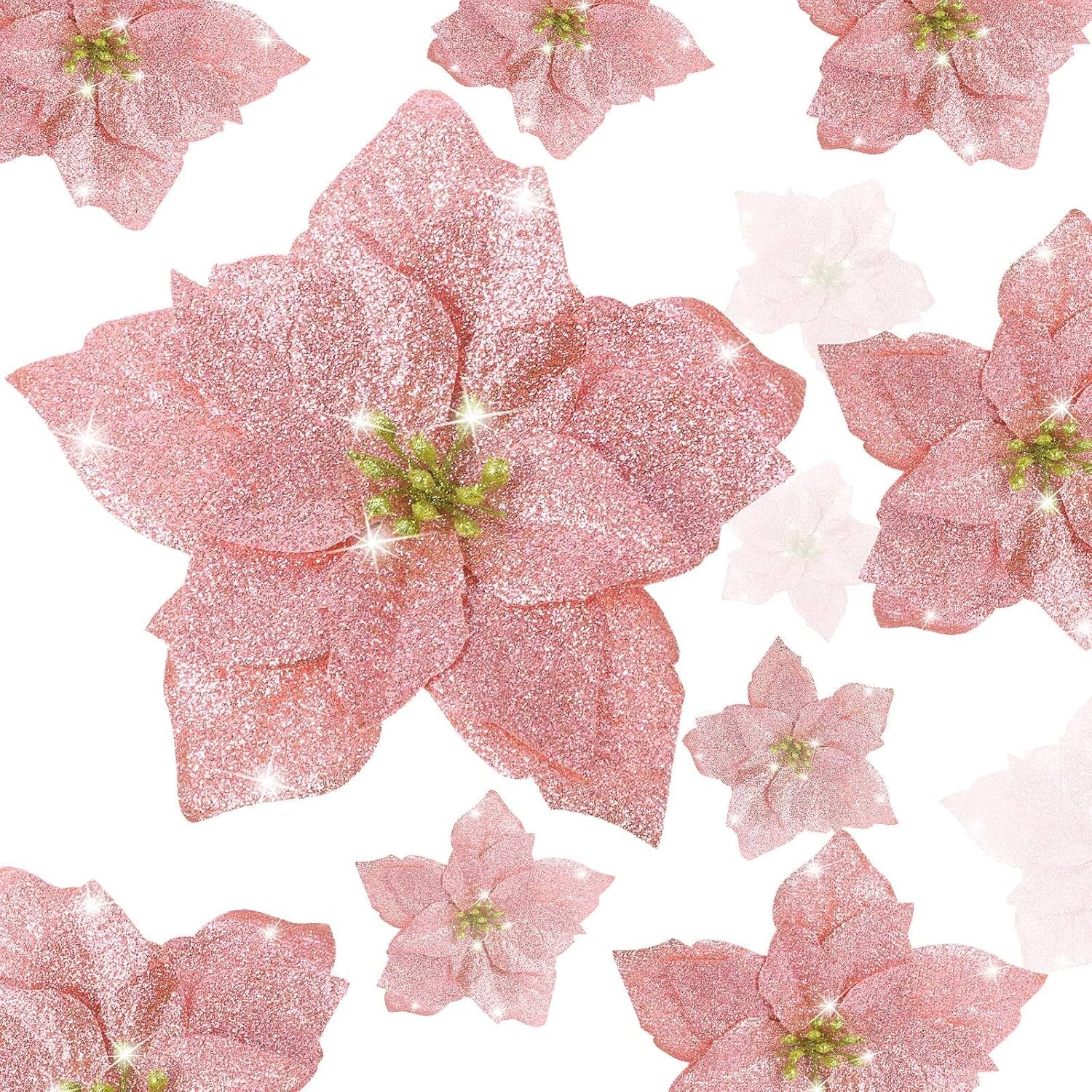 36 Pieces Christmas Glitter Poinsettia 3/4/6 Inch Faux Flowers Christmas Flowers Decorations Wedding Xmas Tree New Year Ornaments(Rose Gold)