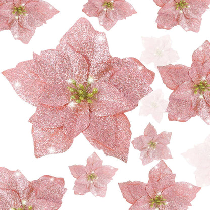 36 Pieces Christmas Glitter Poinsettia 3/4/6 Inch Faux Flowers Christmas Flowers Decorations Wedding Xmas Tree New Year Ornaments(Rose Gold)