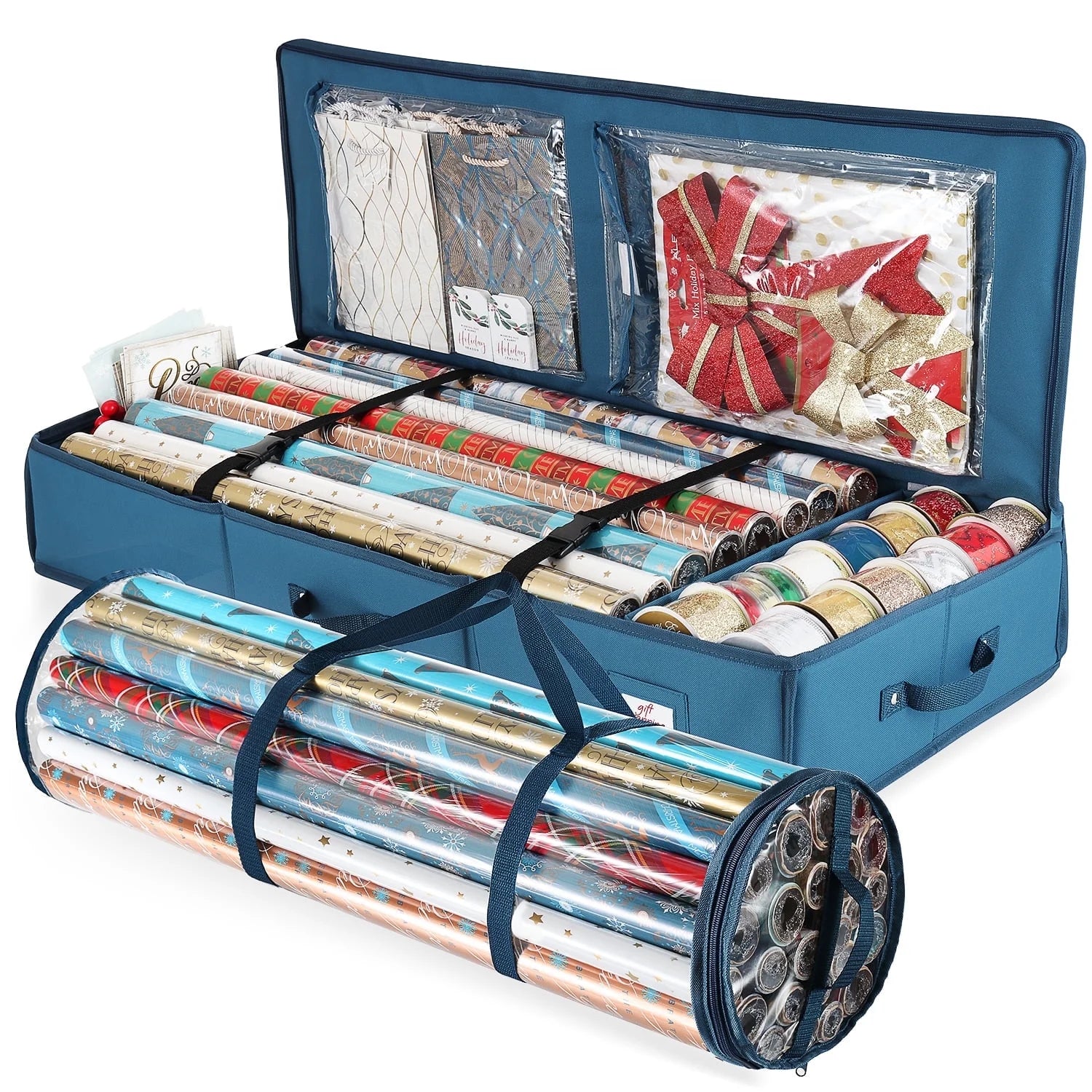 Set of Holiday Christmas Wrapping Paper Storage Box and Wrapping Paper Storage Roll, Gift Wrap Organizer, Blue