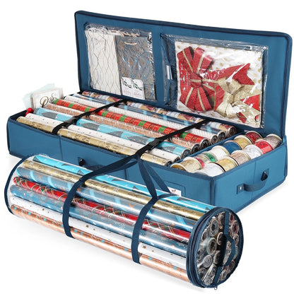Set of Holiday Christmas Wrapping Paper Storage Box and Wrapping Paper Storage Roll, Gift Wrap Organizer, Blue
